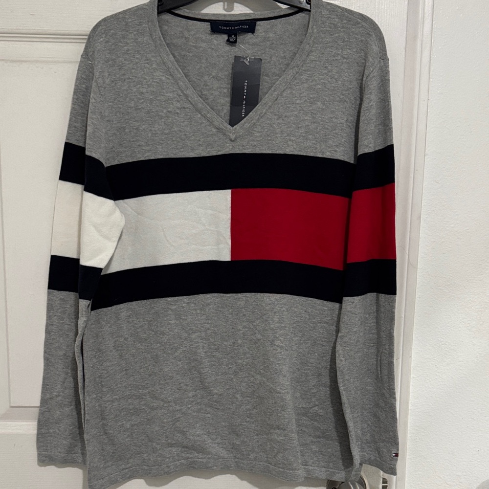 Tommy Hilfiger Gray V-Neck Sweater with Red, Black, and White Stripes